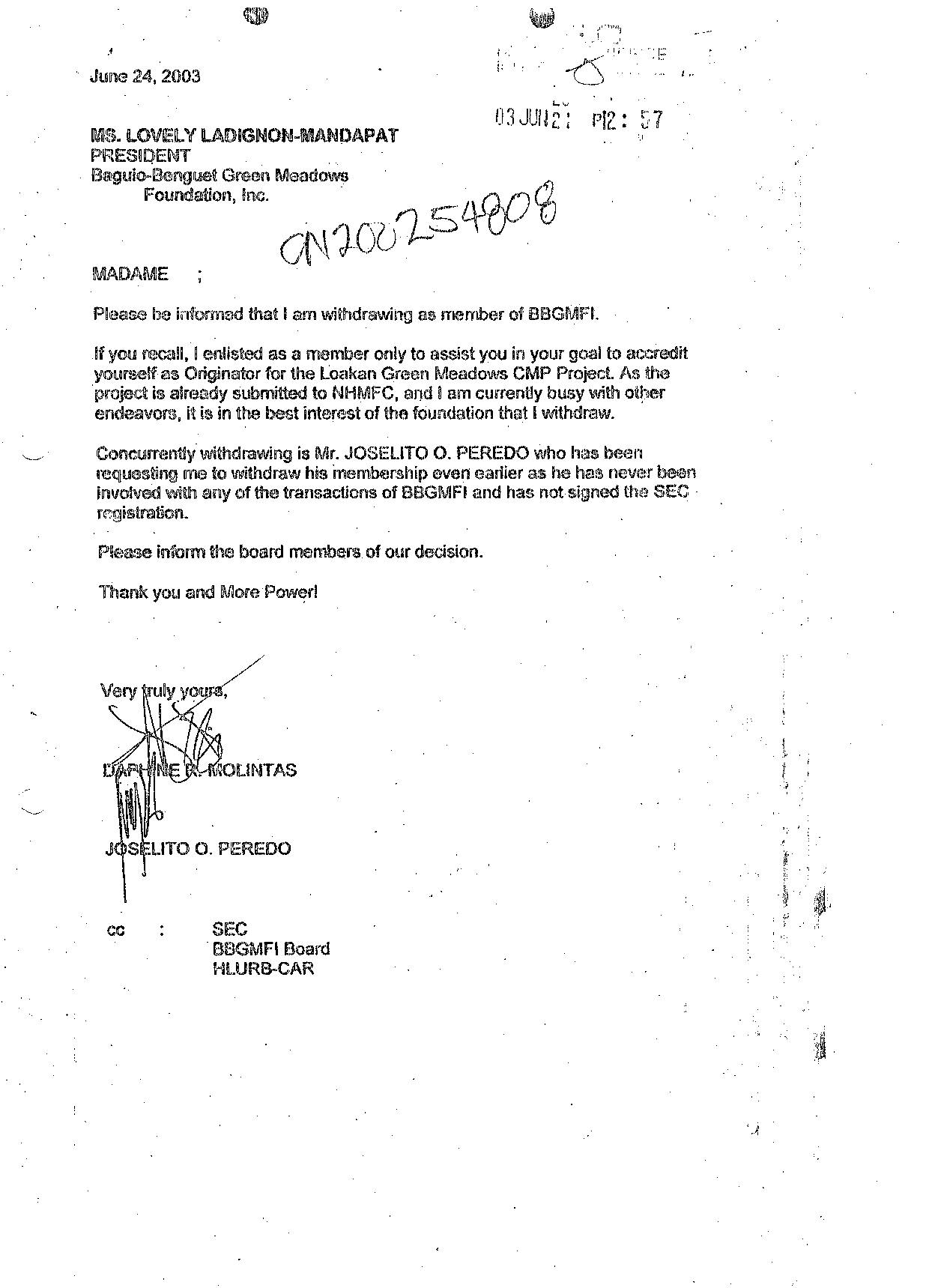 23 June 2003 letter copied to the Securities and Exchange Commission ...